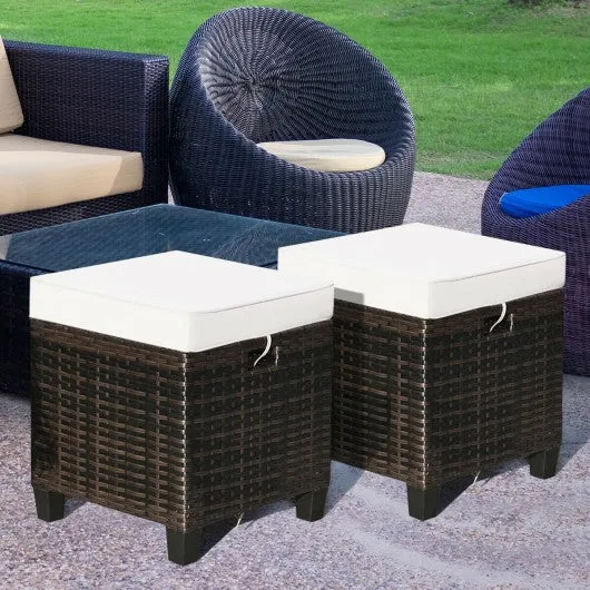 2PCS Patio Rattan Ottoman Cushioned Seat-Beige