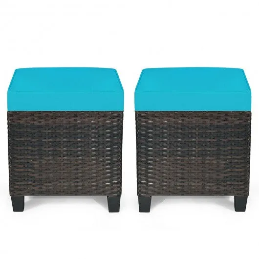 2PCS Patio Rattan Ottoman Cushioned Seat-Blue