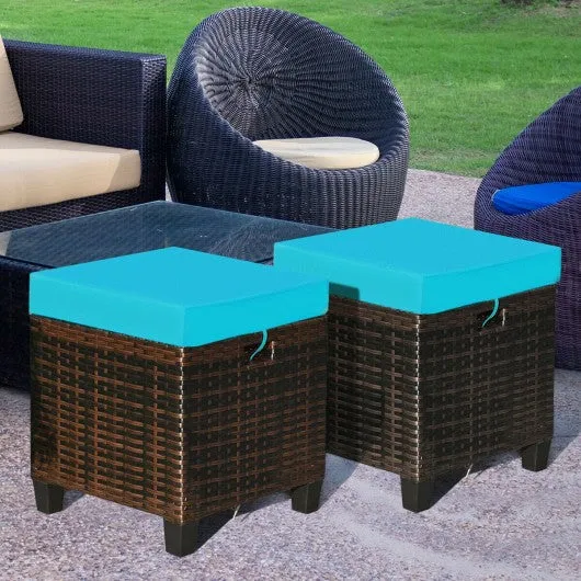 2PCS Patio Rattan Ottoman Cushioned Seat-Blue