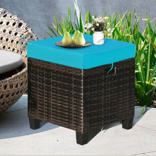 2PCS Patio Rattan Ottoman Cushioned Seat-Blue