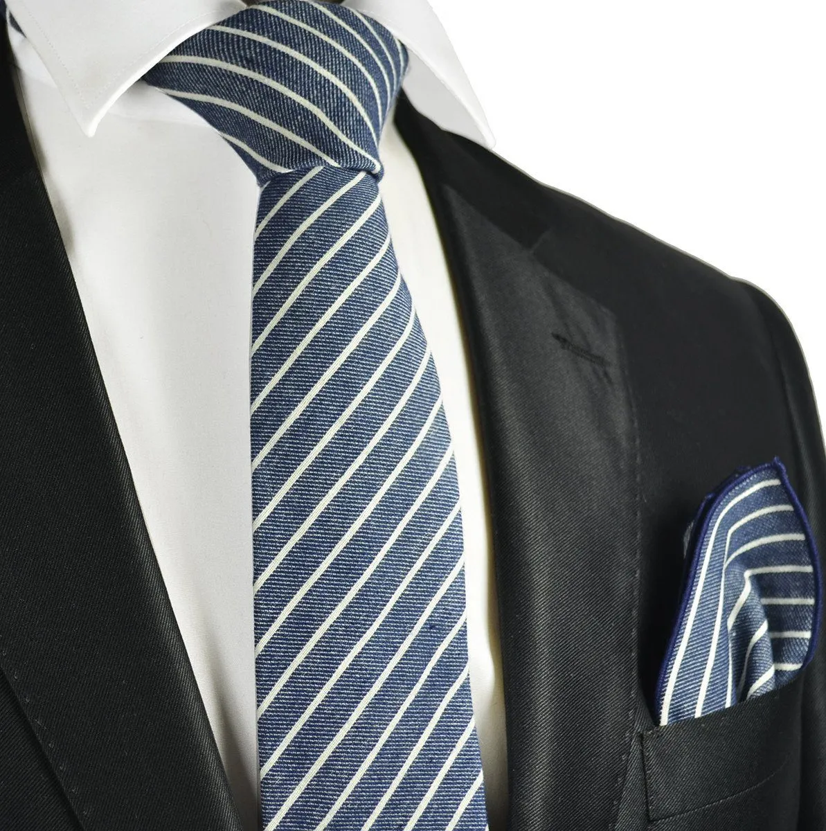 Blue Striped Linen Tie Set by Paul Malone