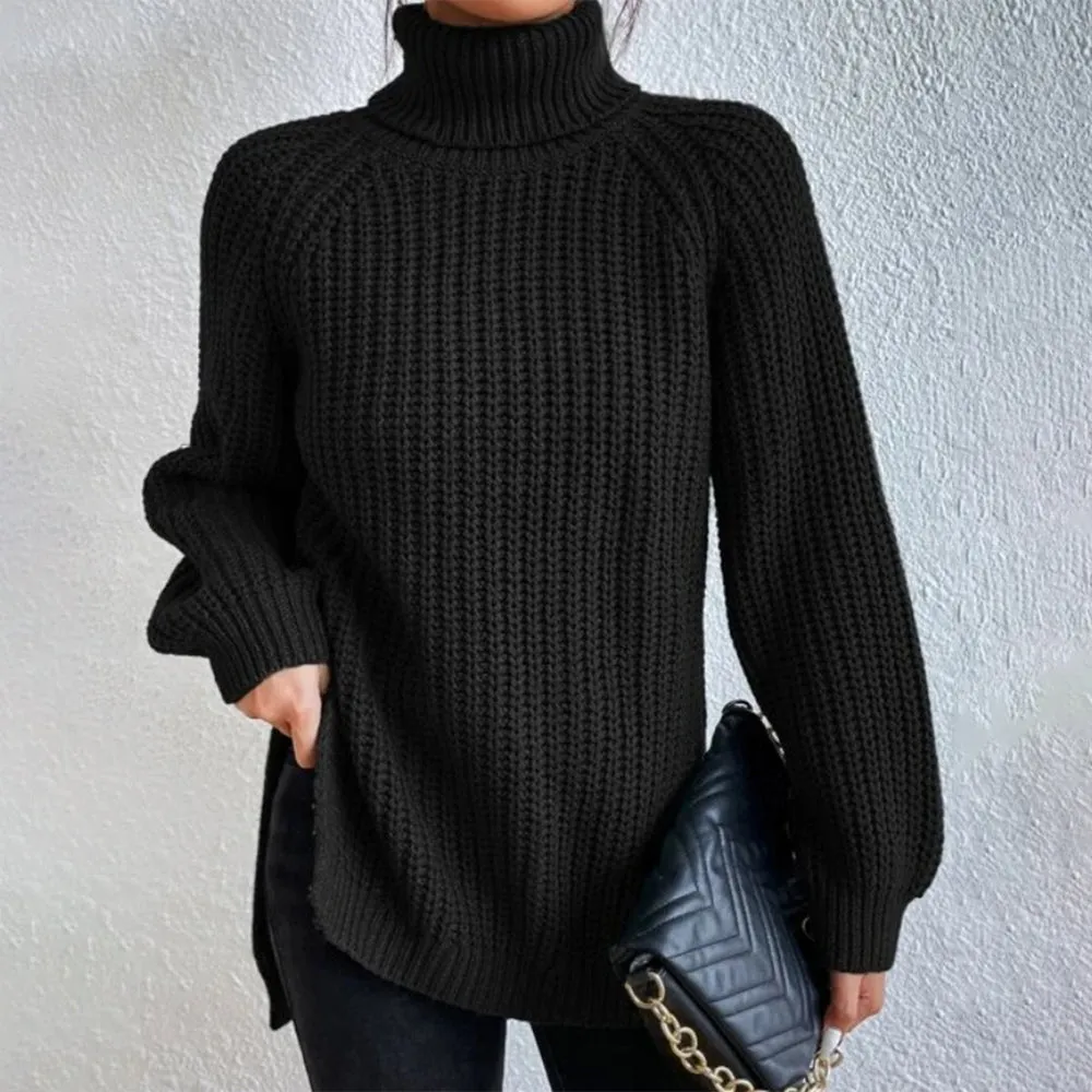 iForgirls Black Long Sleeve High Turtleneck Slouchy Ribbed Sweater