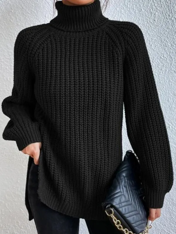 iForgirls Black Long Sleeve High Turtleneck Slouchy Ribbed Sweater