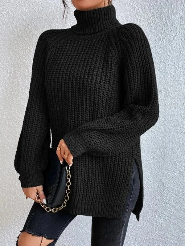 iForgirls Black Long Sleeve High Turtleneck Slouchy Ribbed Sweater