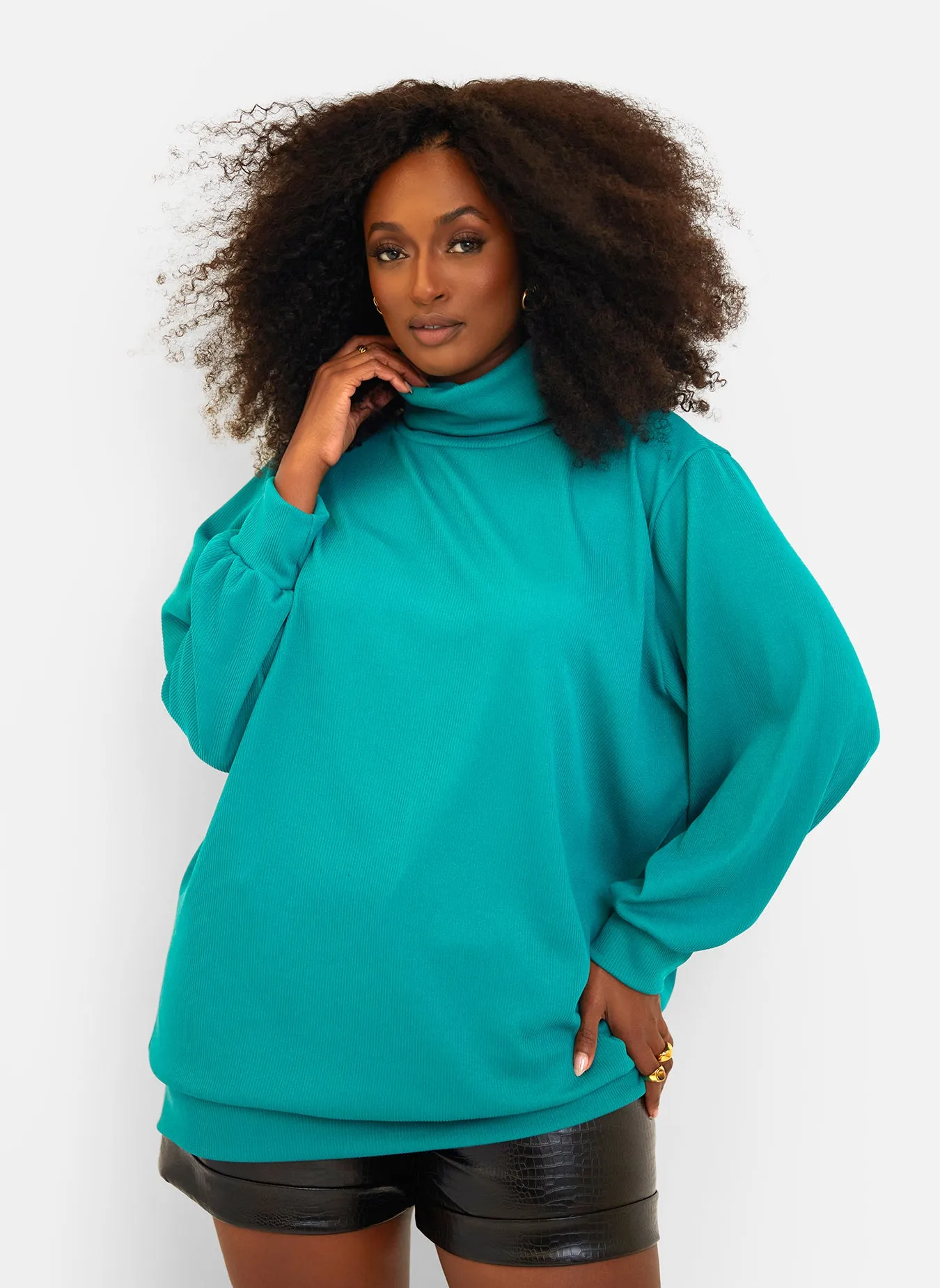 Jules Ribbed Turtleneck Oversized Sweater - Teal