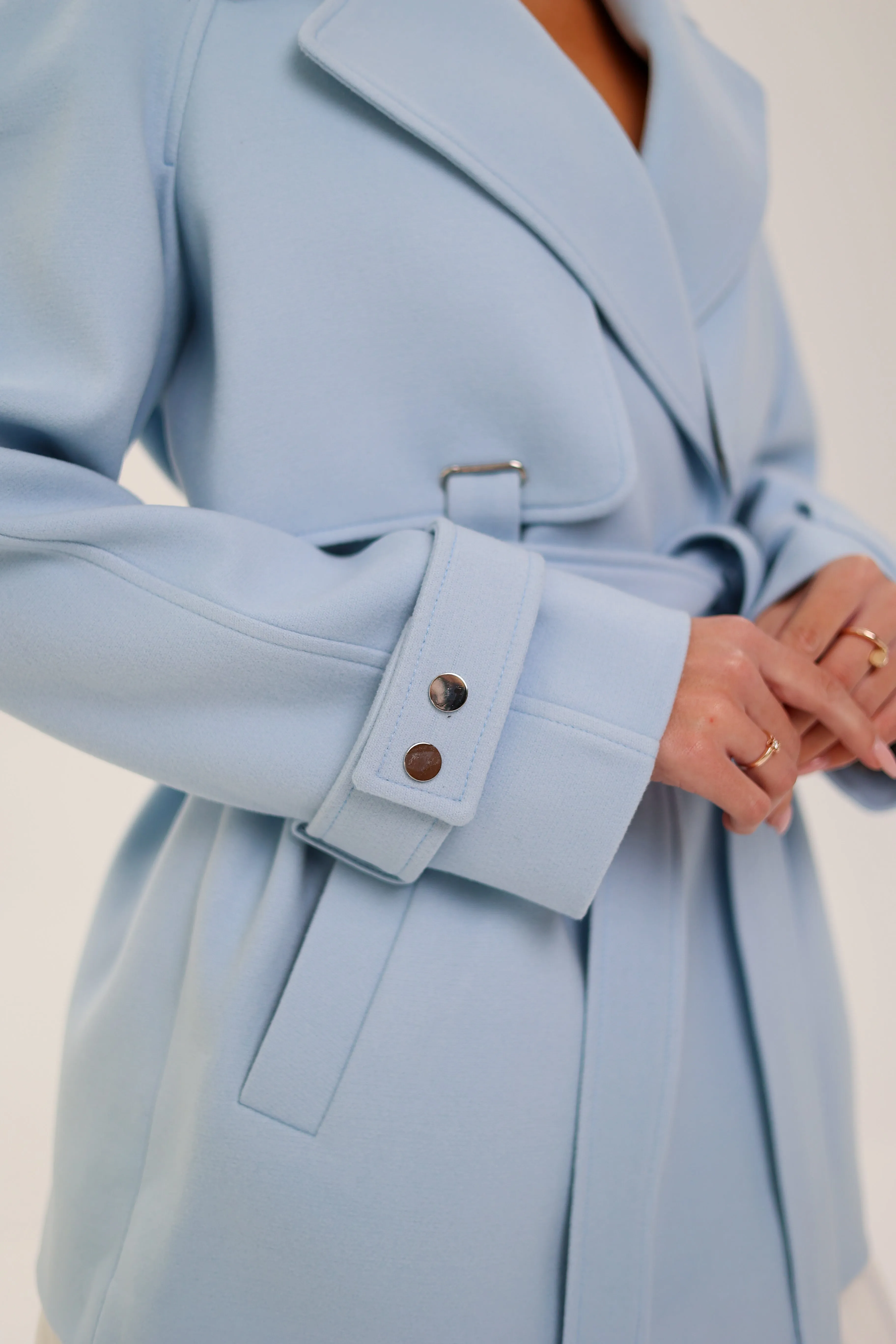 Karina Midi Belted Wool Cashmere Blend Overcoat in Sky Blue