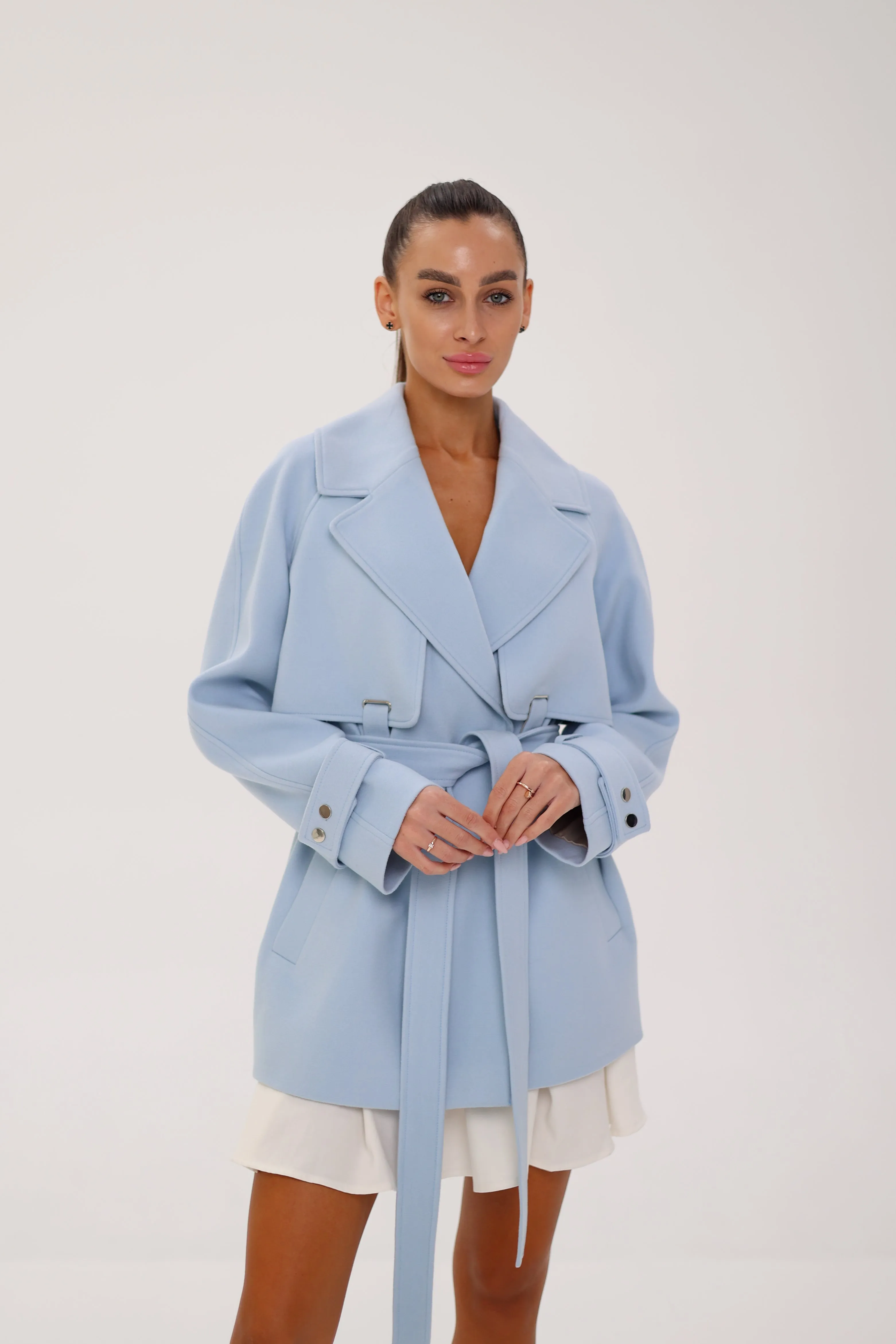 Karina Midi Belted Wool Cashmere Blend Overcoat in Sky Blue