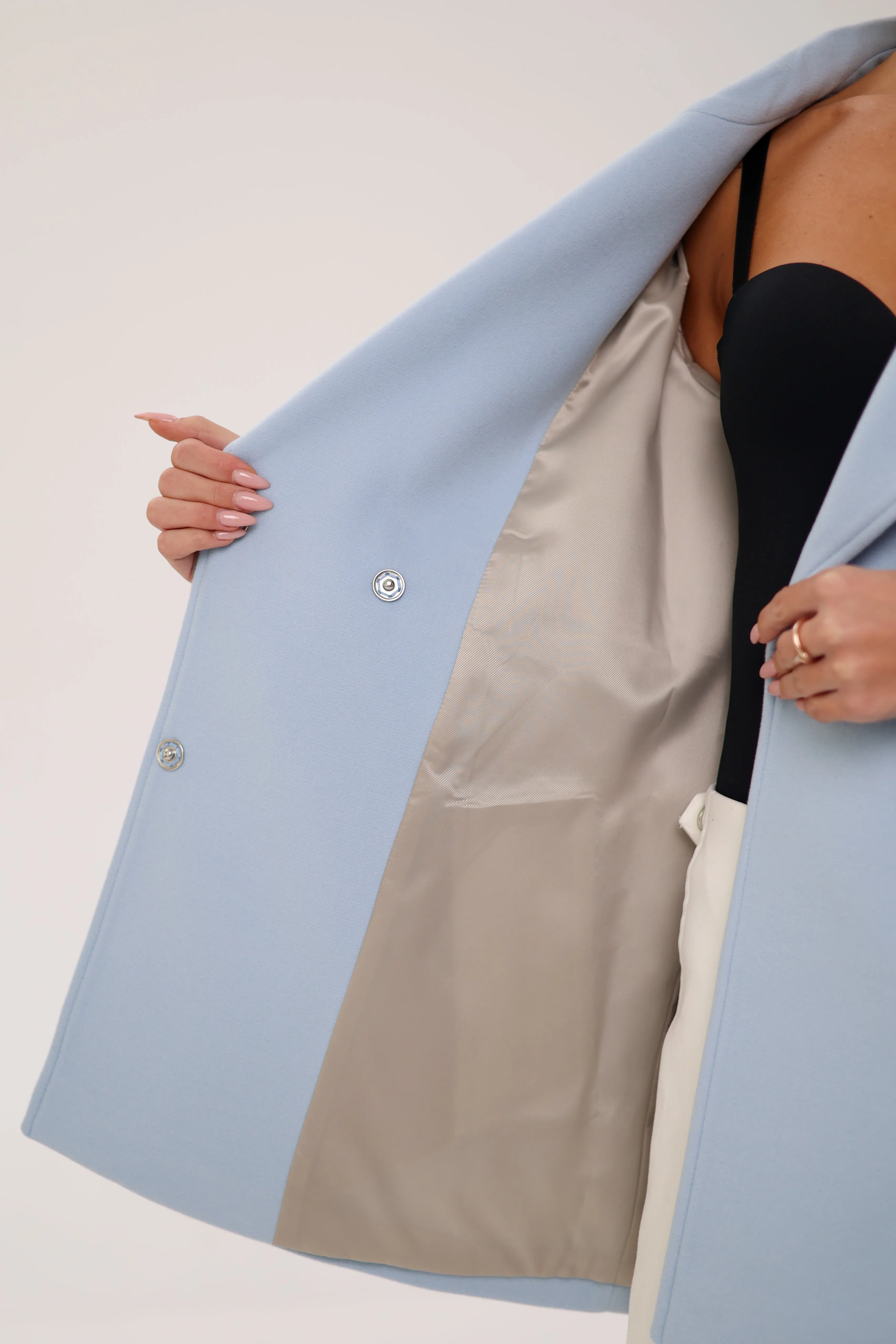 Karina Midi Belted Wool Cashmere Blend Overcoat in Sky Blue