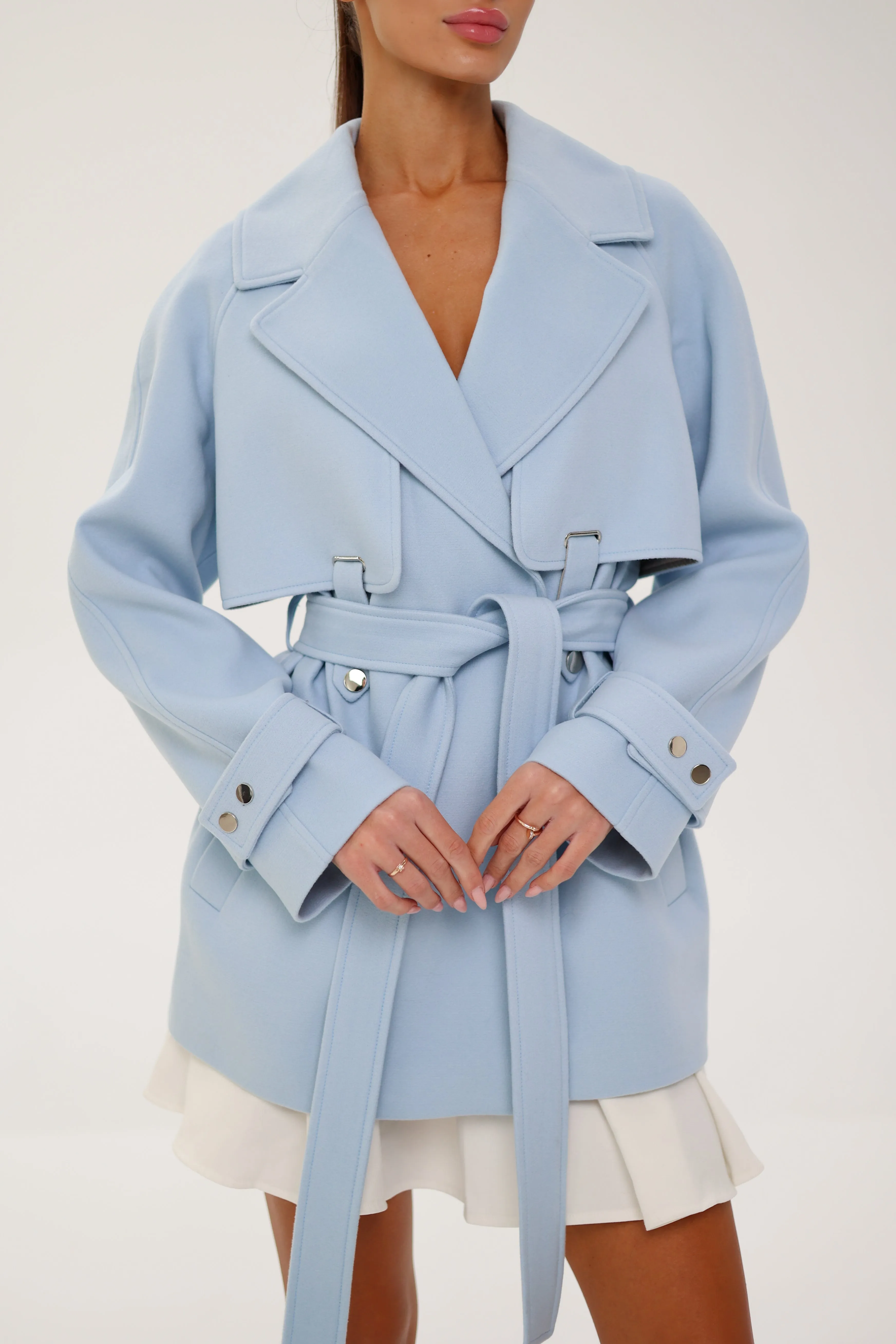 Karina Midi Belted Wool Cashmere Blend Overcoat in Sky Blue