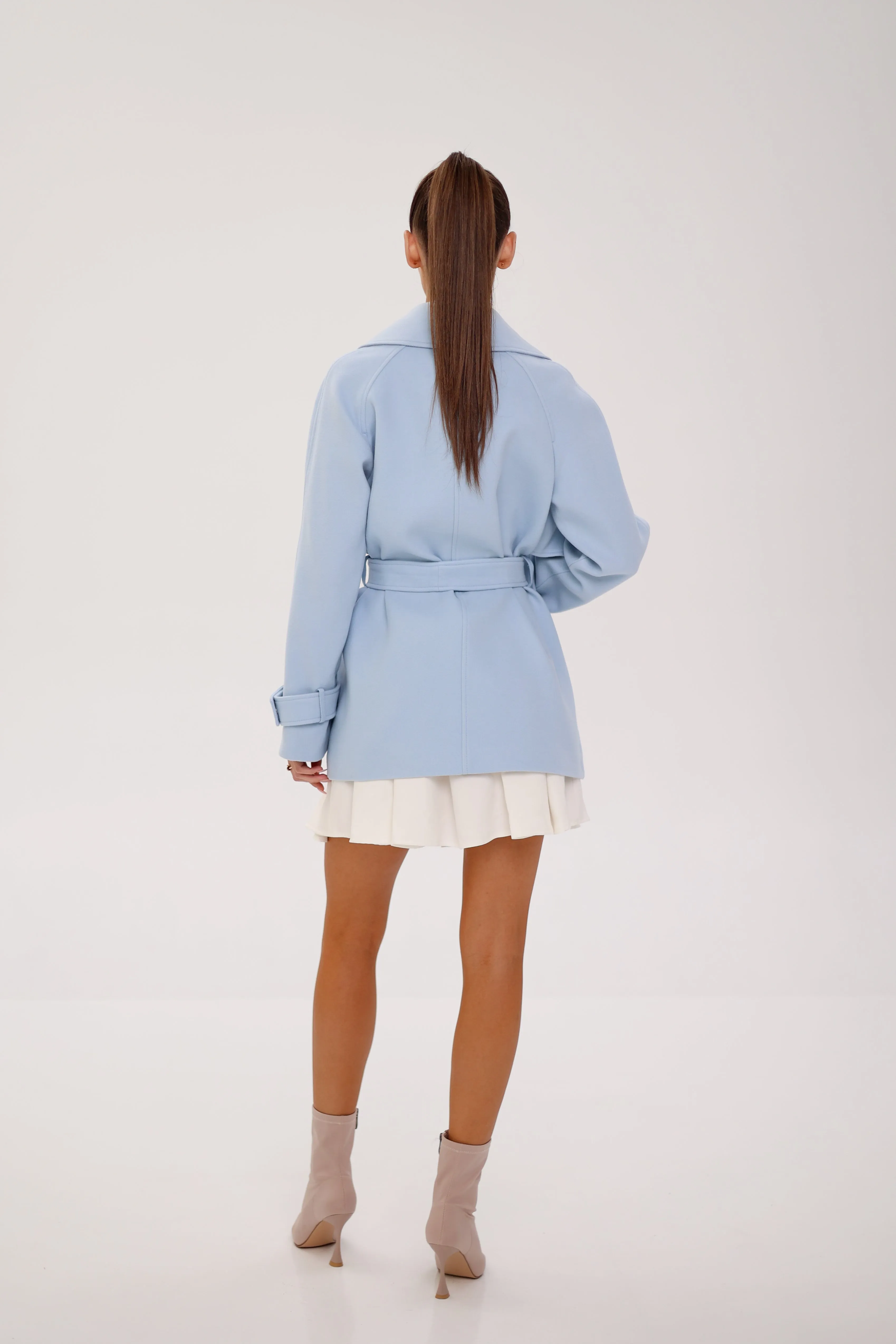 Karina Midi Belted Wool Cashmere Blend Overcoat in Sky Blue