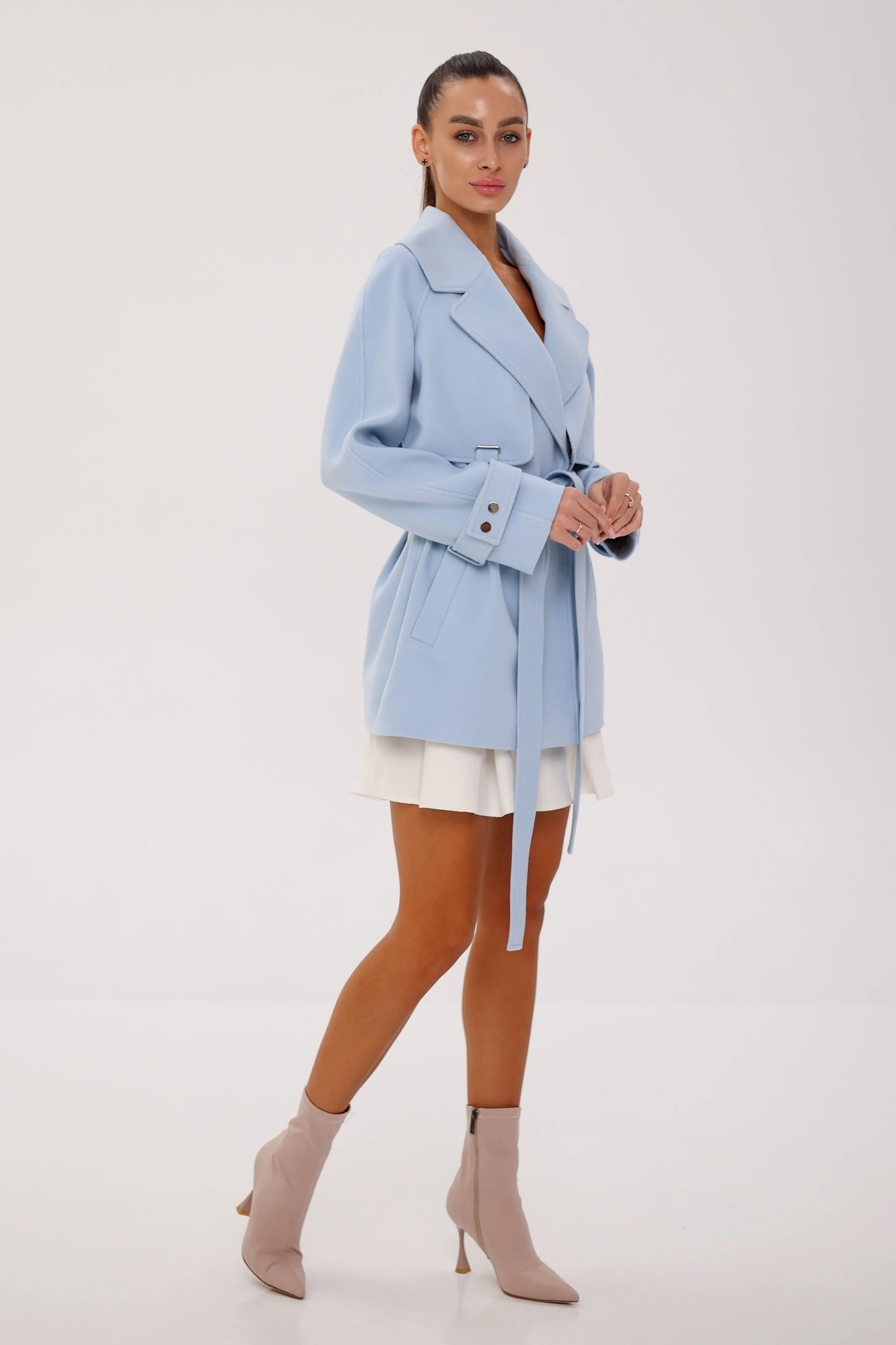 Karina Midi Belted Wool Cashmere Blend Overcoat in Sky Blue