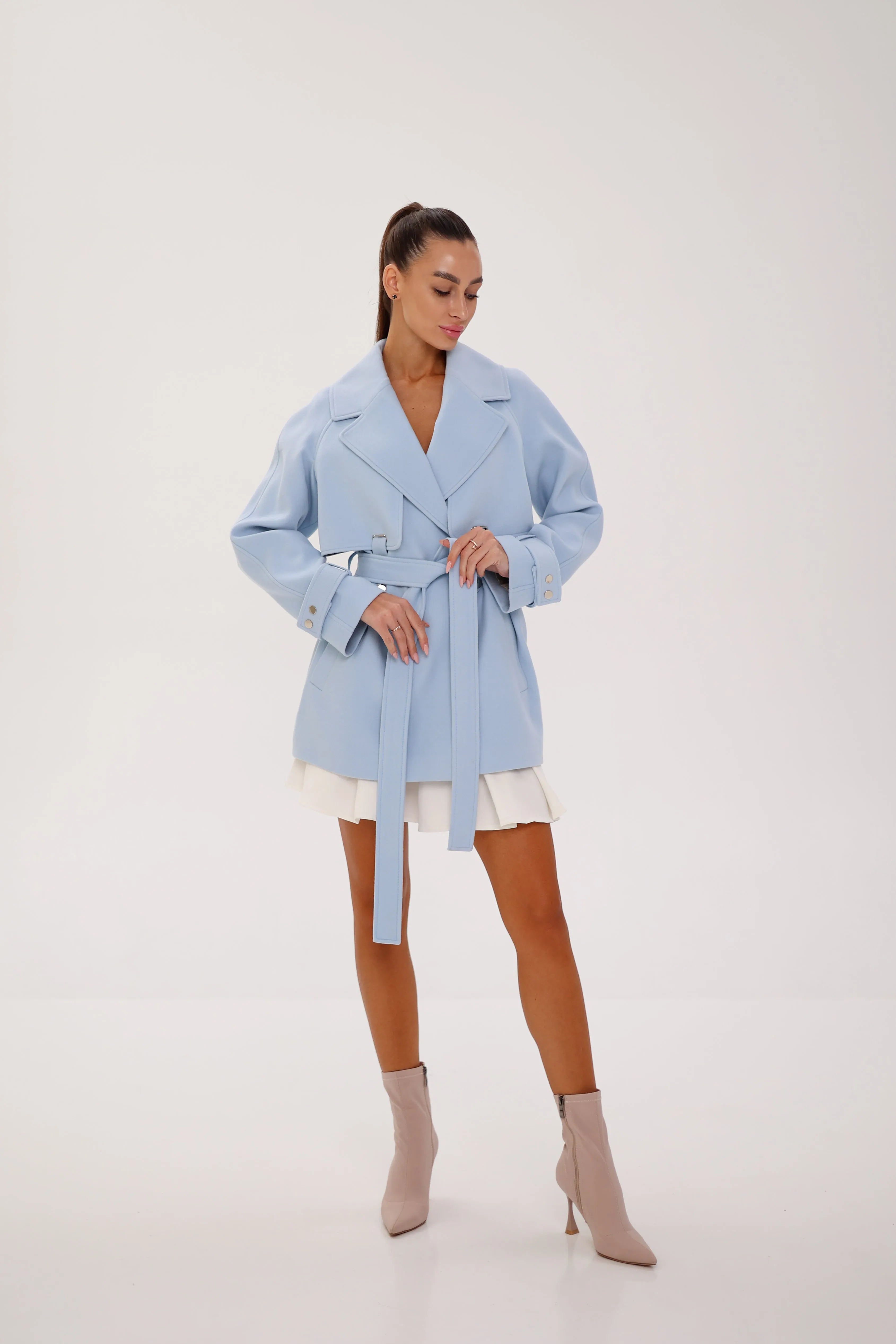 Karina Midi Belted Wool Cashmere Blend Overcoat in Sky Blue