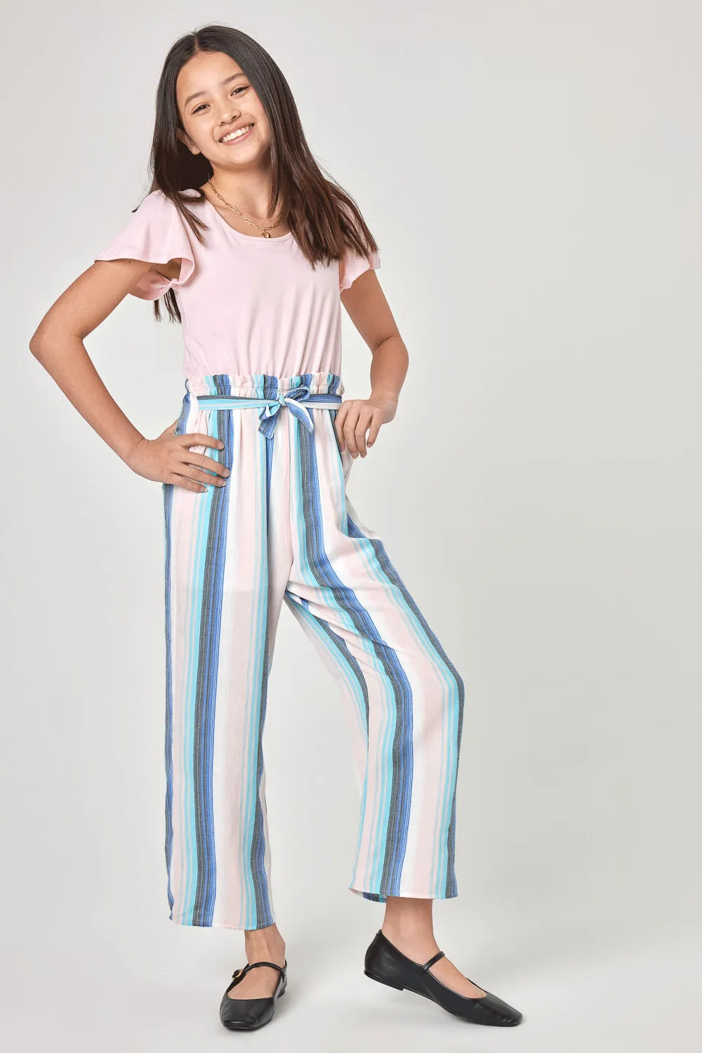 Kids Blush Multicolor Stripe Paperbag Waist Jumpsuit