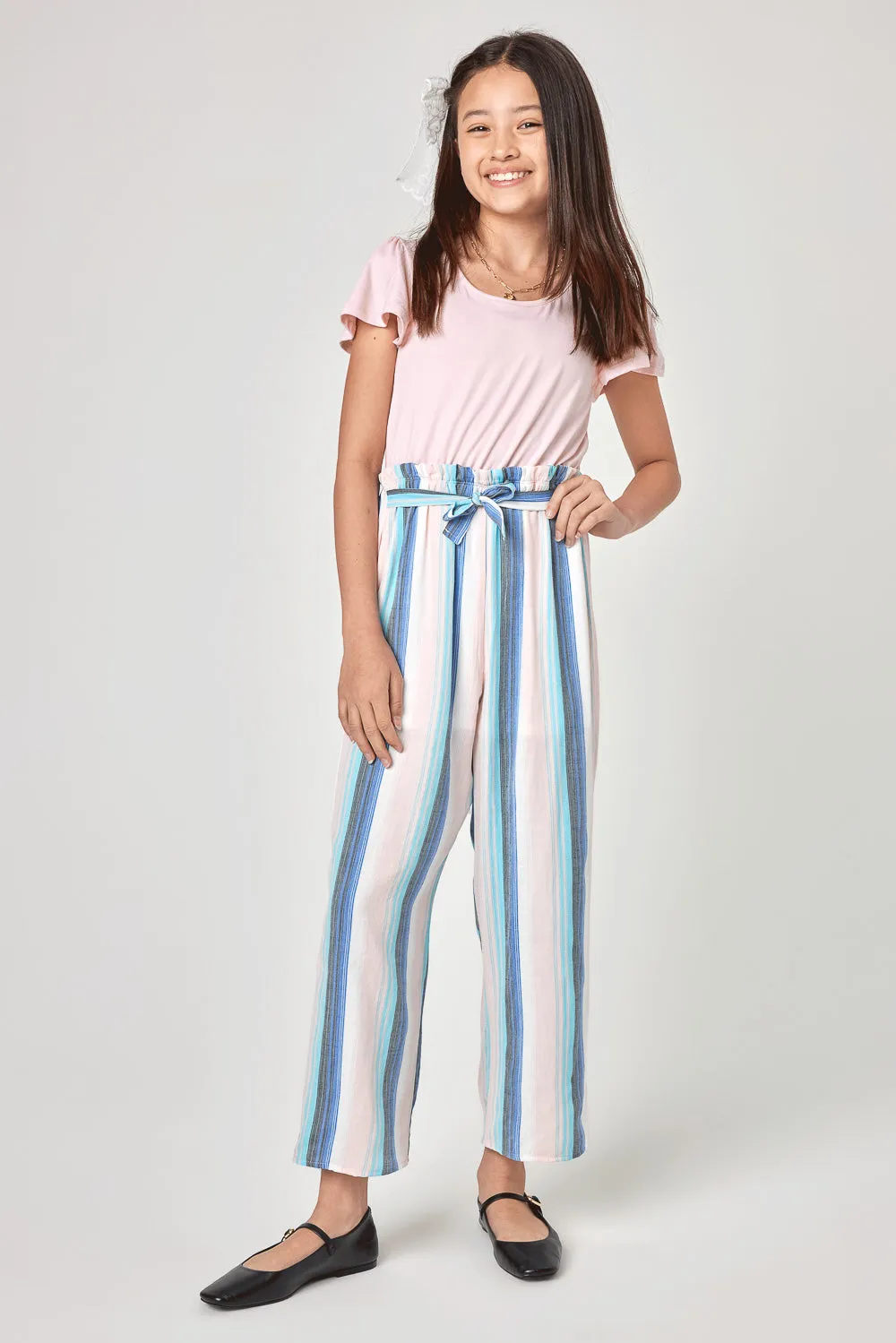 Kids Blush Multicolor Stripe Paperbag Waist Jumpsuit