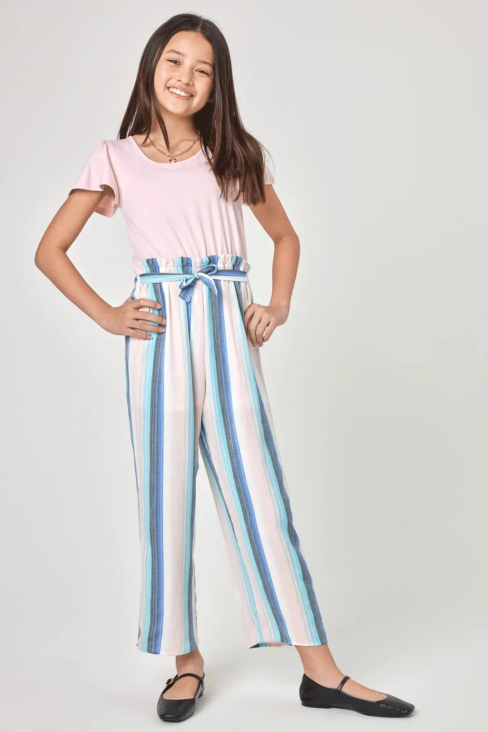 Kids Blush Multicolor Stripe Paperbag Waist Jumpsuit