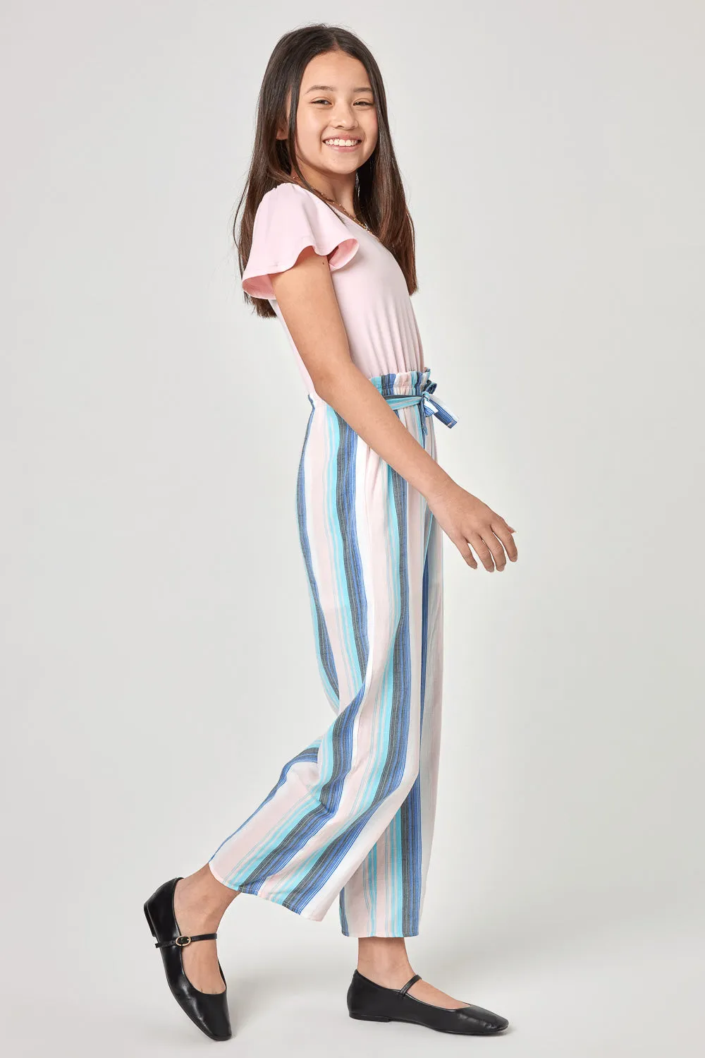 Kids Blush Multicolor Stripe Paperbag Waist Jumpsuit