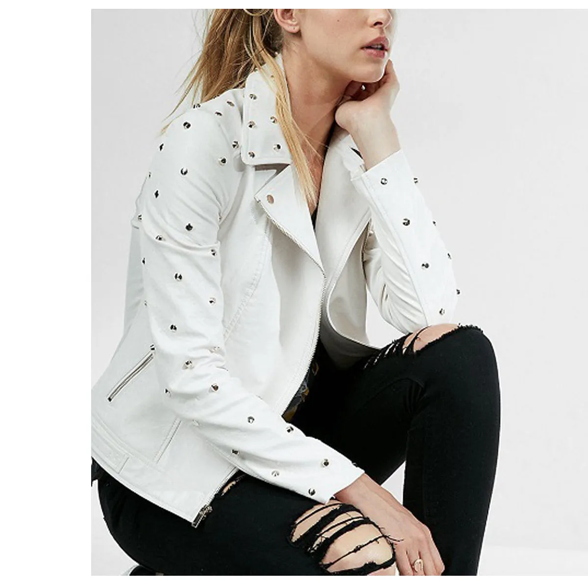 Ladies Gold Studded White Leather Jacket