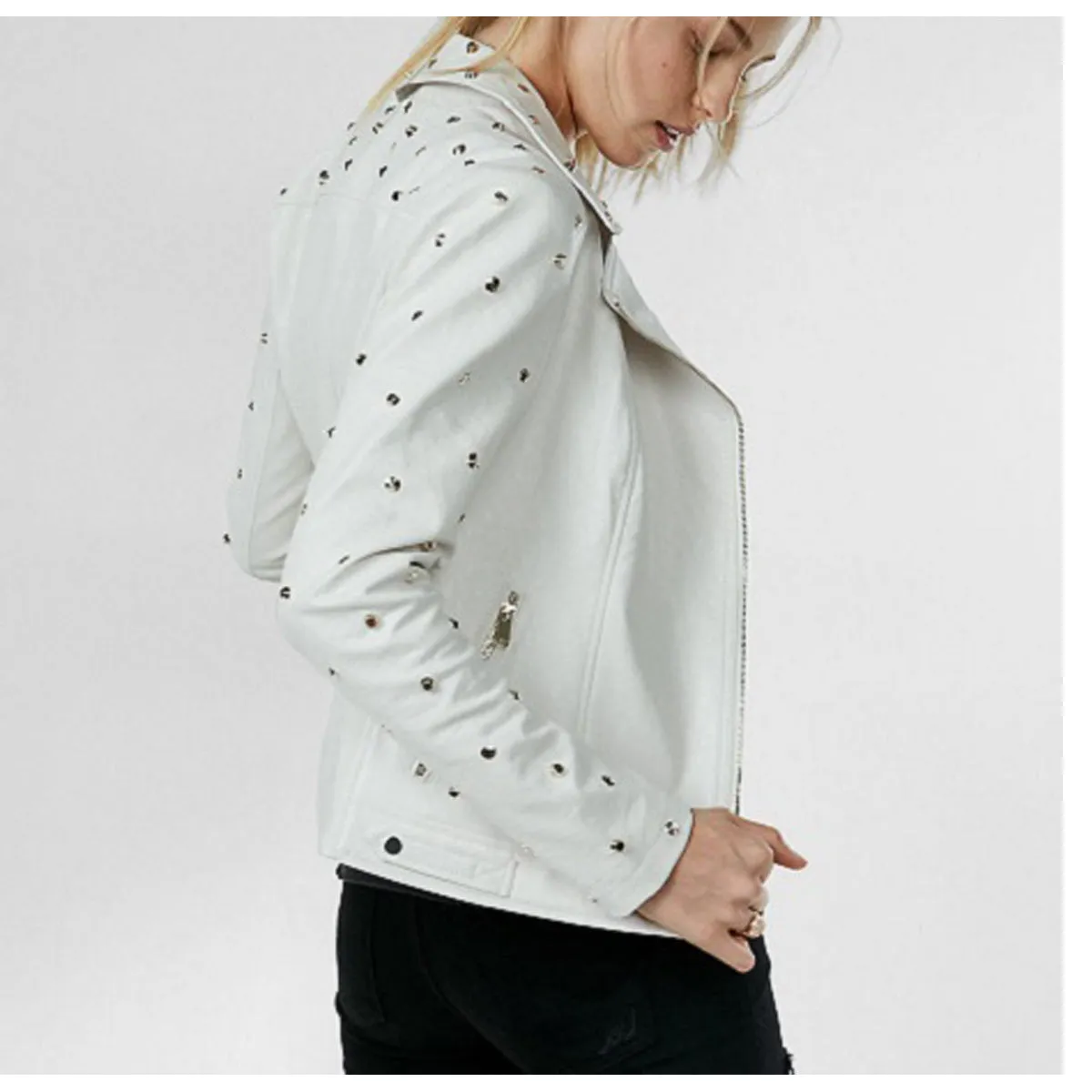 Ladies Gold Studded White Leather Jacket