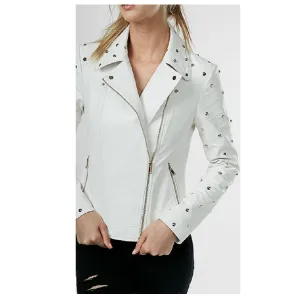 Ladies Gold Studded White Leather Jacket