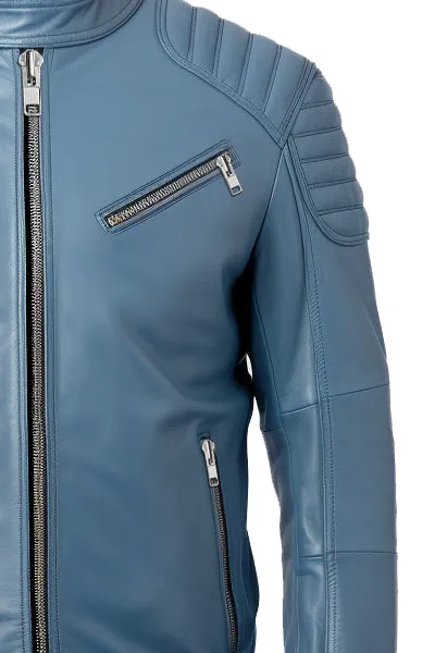 Men Oliver Blue Faux Leather Jacket