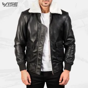 Men's Aviator G-1 Black & White Leather Bomber Jacket