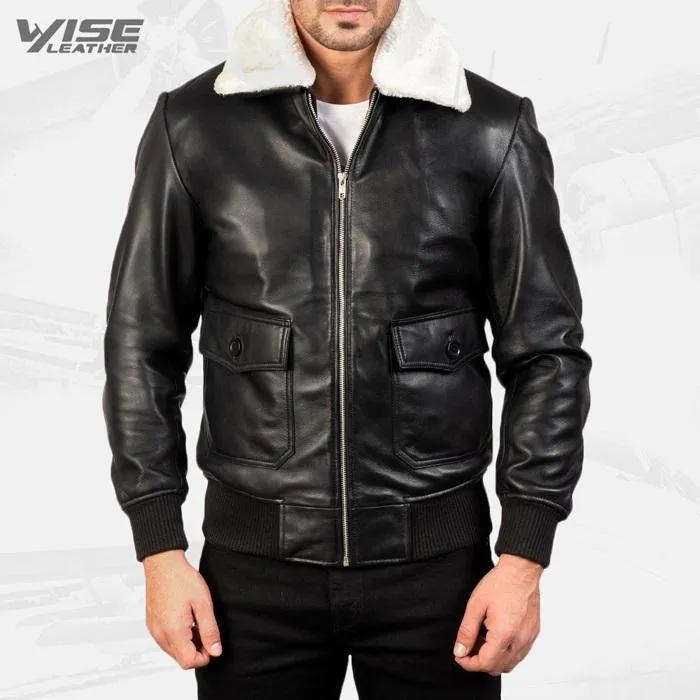 Men's Aviator G-1 Black & White Leather Bomber Jacket