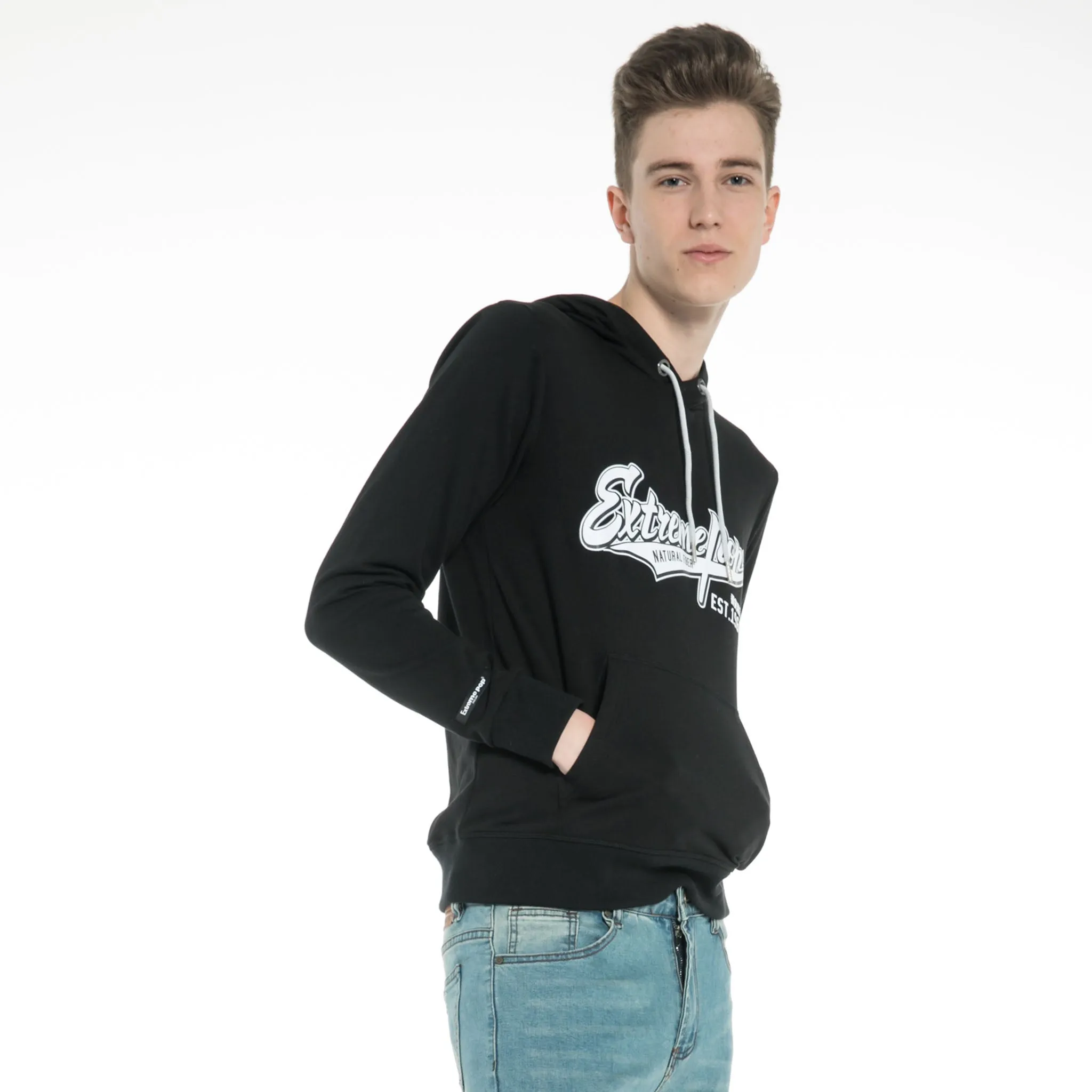 Mens Fitted Pullover Soft Pink Black Hooded Sweatshirt Stretch Jumper