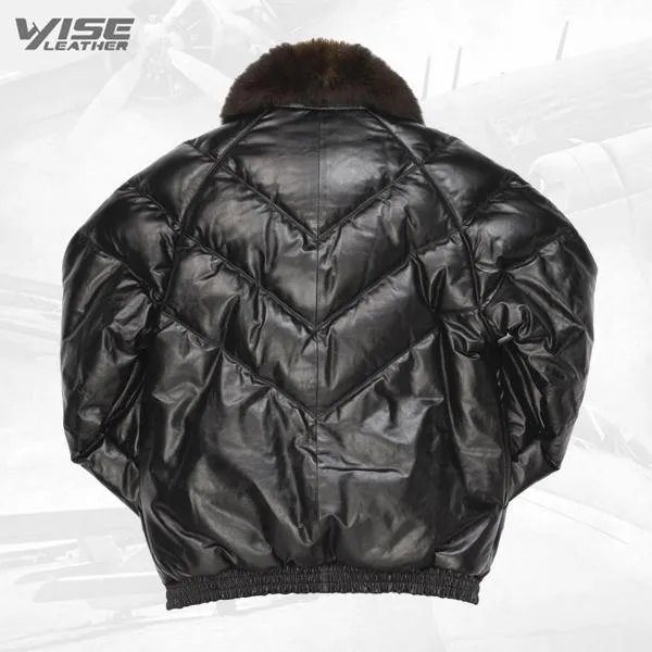 Men's V-Bomber Black Leather Jacket