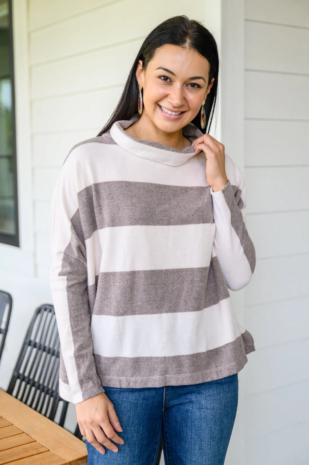 On The Stripes Cowl Neck in Mocha