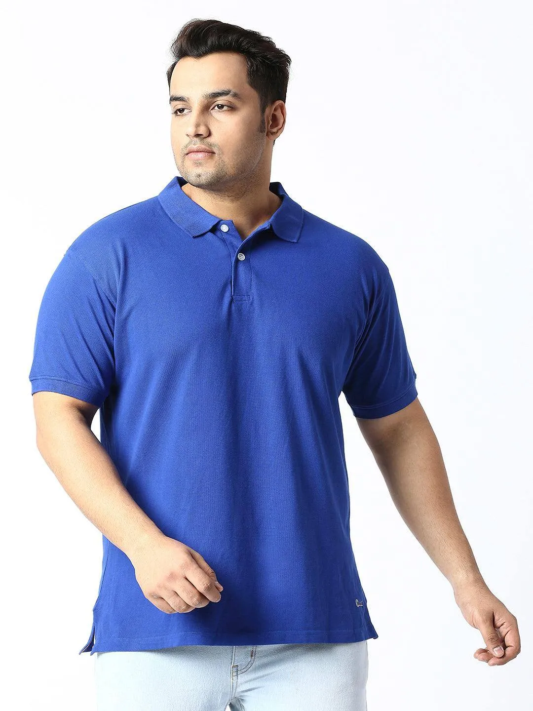 Peacock Blue Solid Polo Collar Pure Cotton T-SHIRT Men's Plus Size