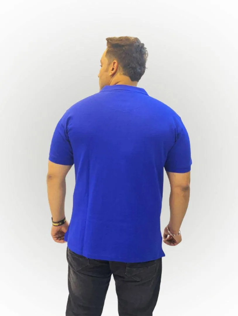 Peacock Blue Solid Polo Collar Pure Cotton T-SHIRT Men's Plus Size