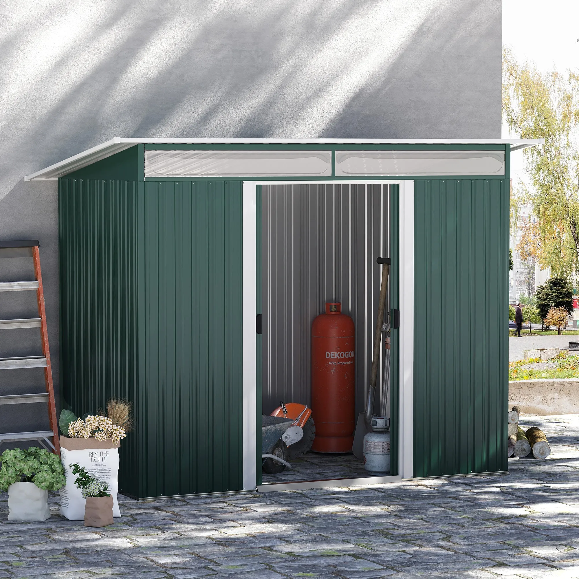 Pent Roofed Metal Garden Shed House Hut Gardening Tool Storage w/ Ventilation 260L x 133W x 200Hcm