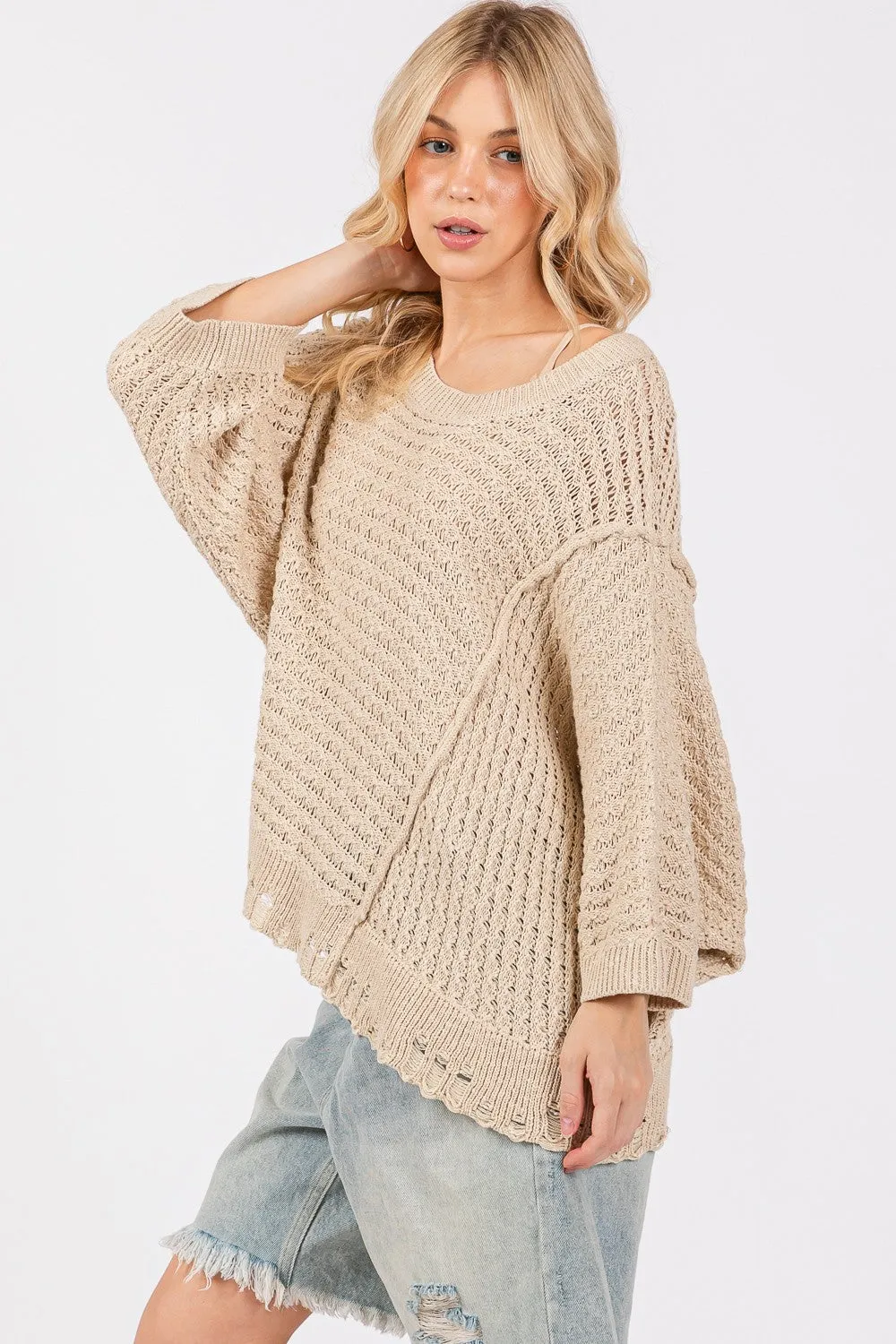 SAGE   FIG Distressed Asymmetrical Open Stitch Sweater