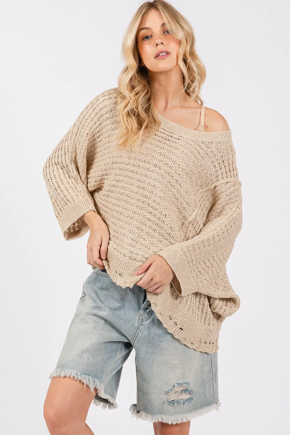 SAGE   FIG Distressed Asymmetrical Open Stitch Sweater