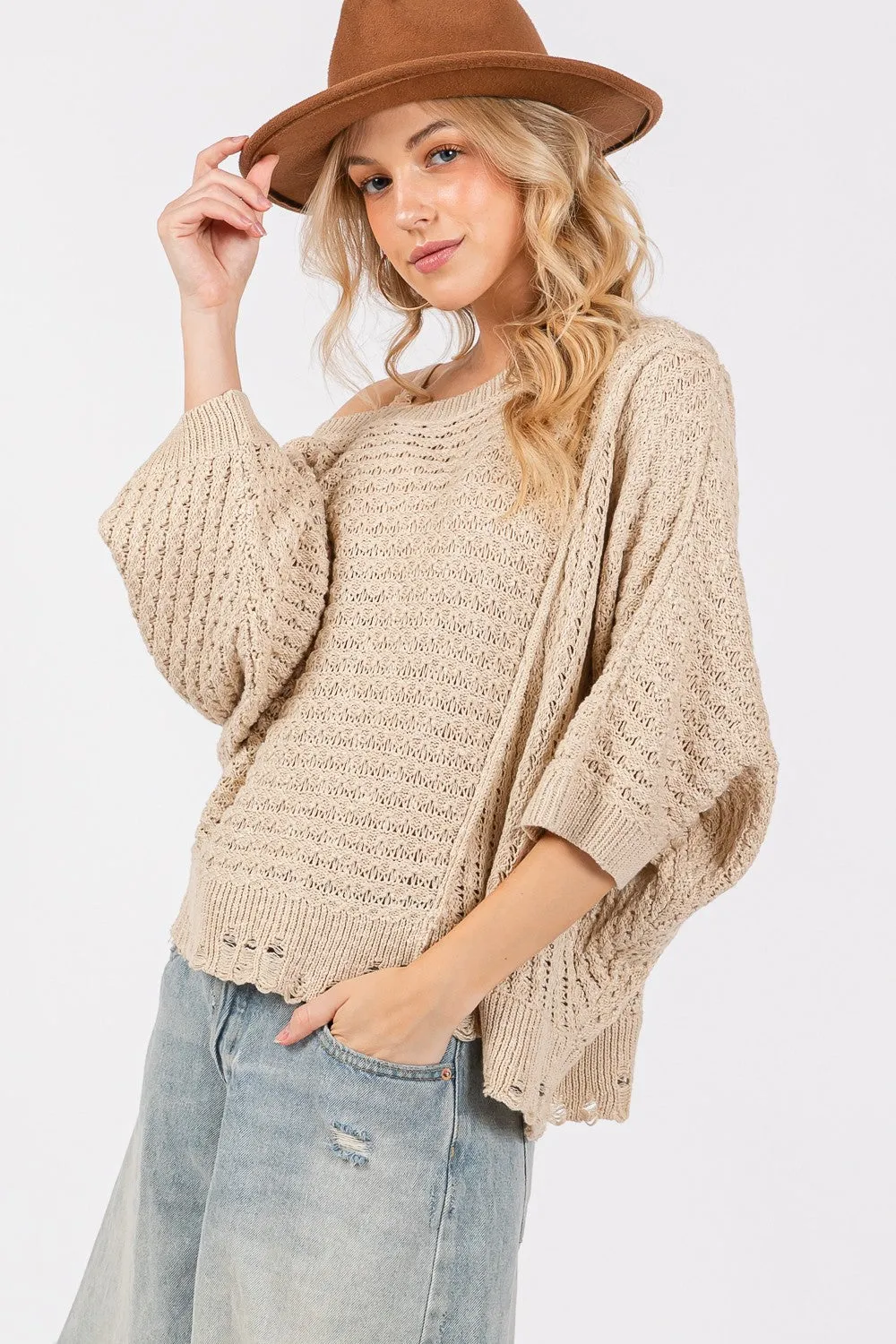 SAGE   FIG Distressed Asymmetrical Open Stitch Sweater