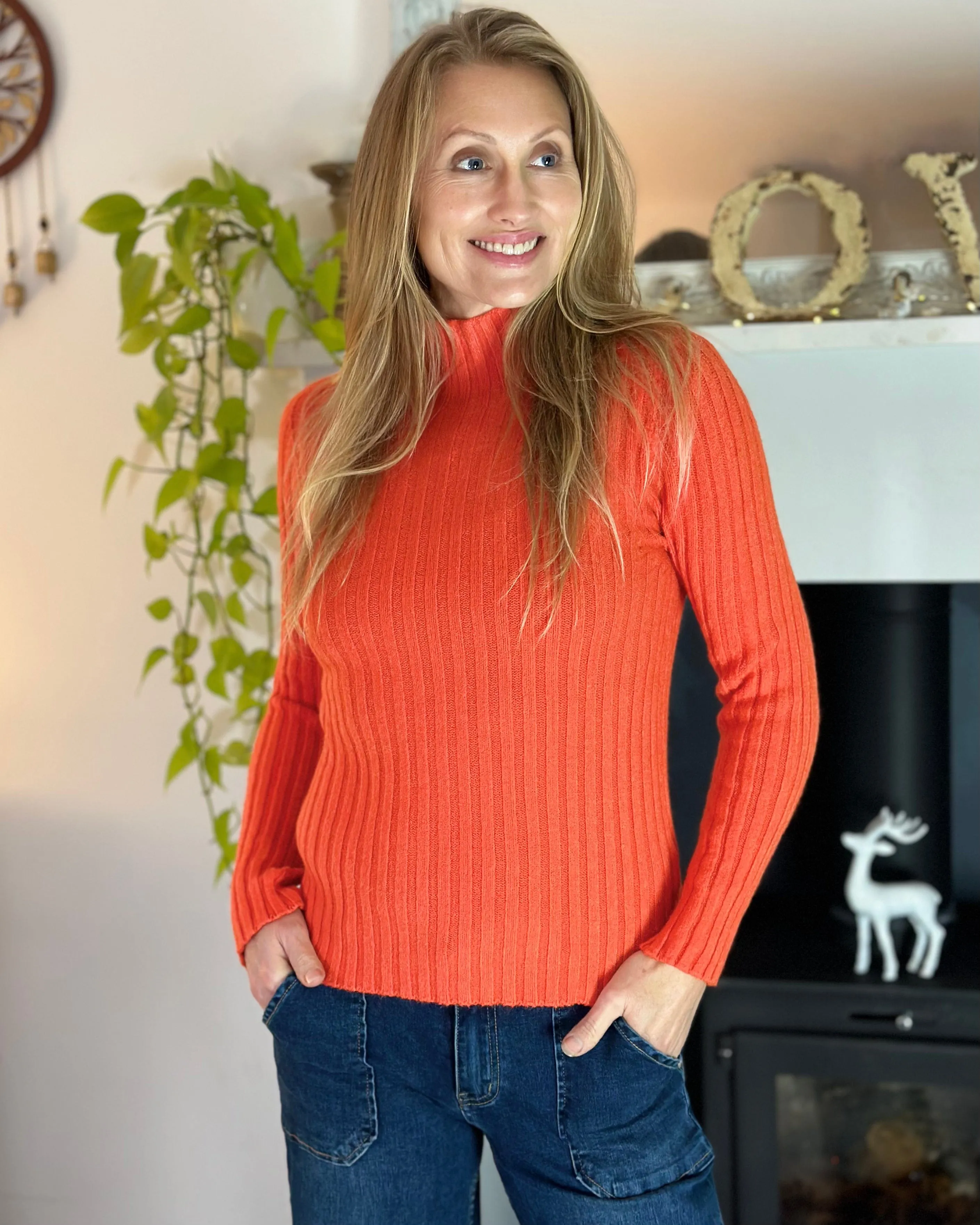 Soft Knit Turtle Neck Ribbed Jumper - Orange