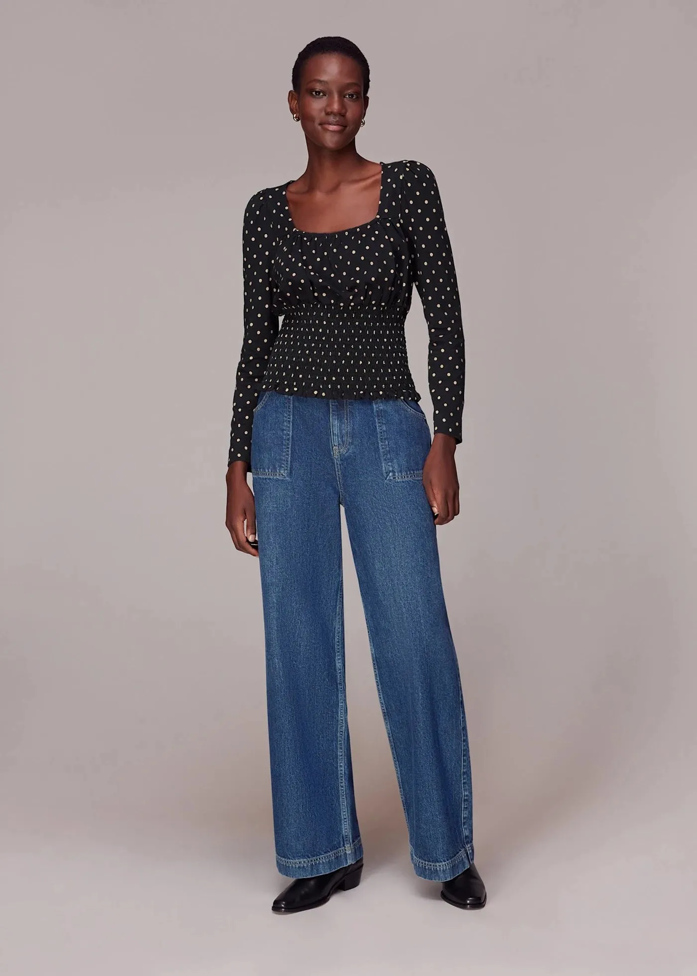 Spot Square Neck Shirred Top