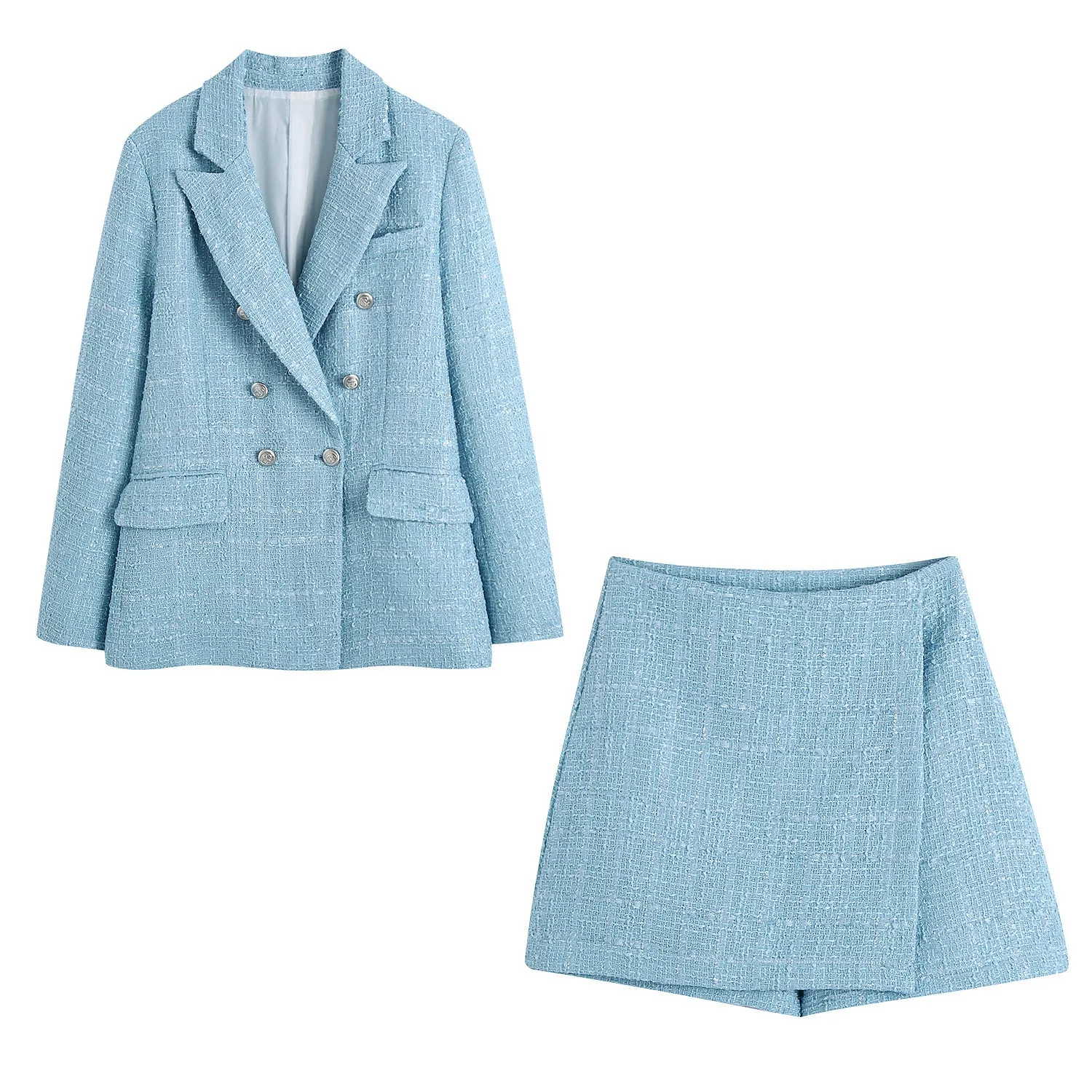 Tweed Double-Breasted Slim Blazer Culottes Skirt Suit