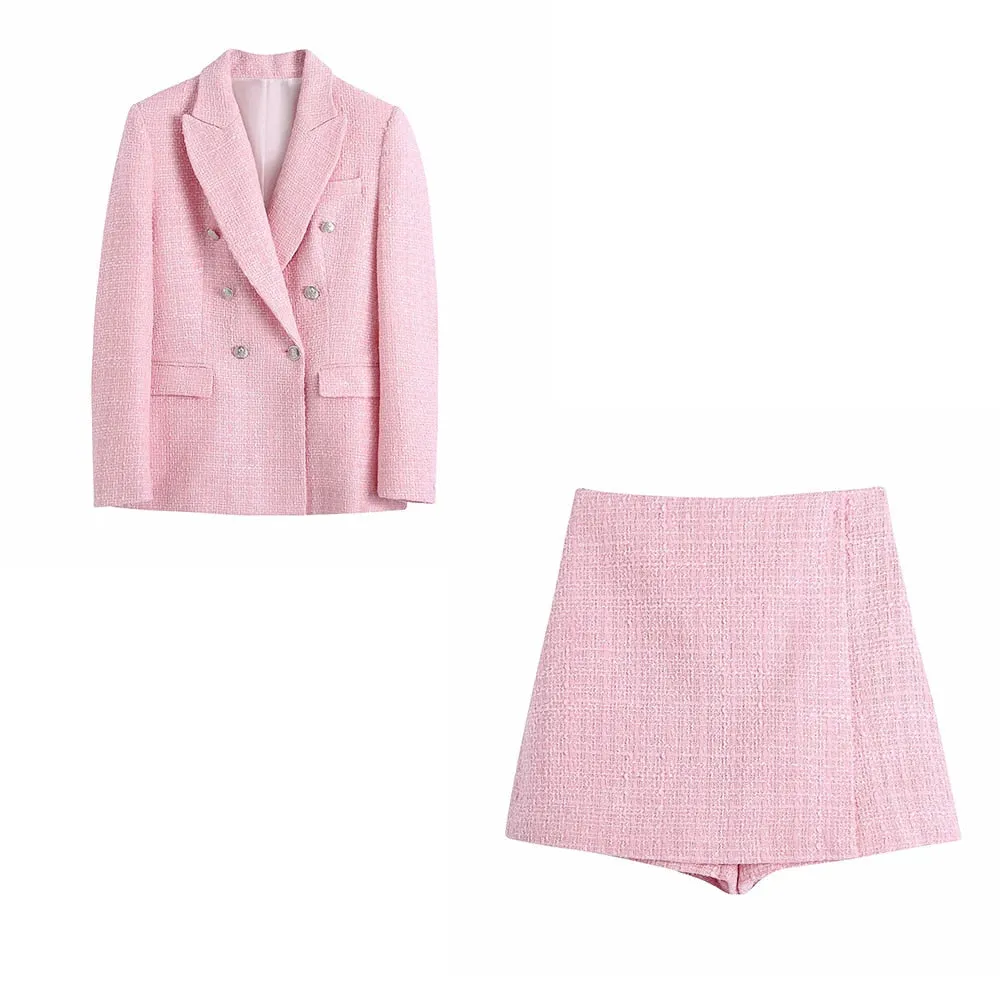 Tweed Double-Breasted Slim Blazer Culottes Skirt Suit