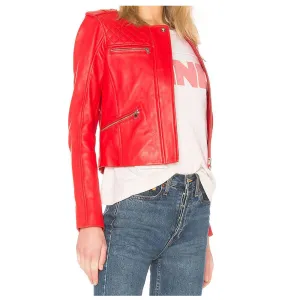 Women Red Leather Short Body Jacket