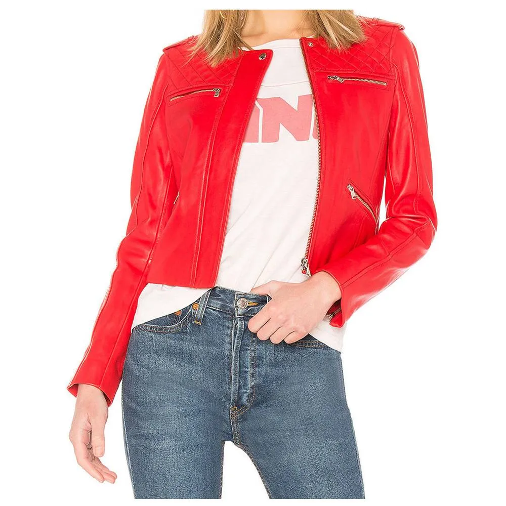 Women Red Leather Short Body Jacket