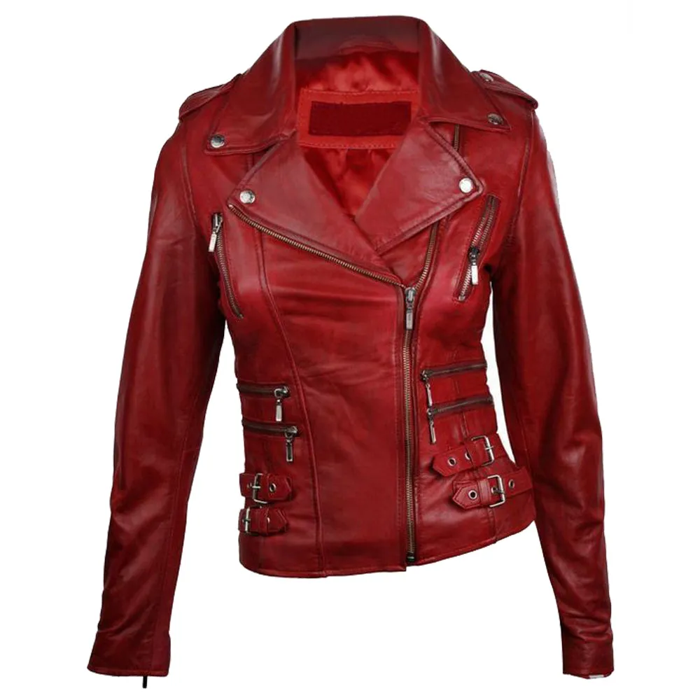 Women Red Waxed Leather Jacket