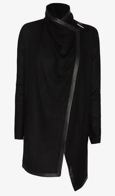 Women's Black Leather Trim Viscose Cotton Shawl Collar Long Sleeve Cardigan Jacket