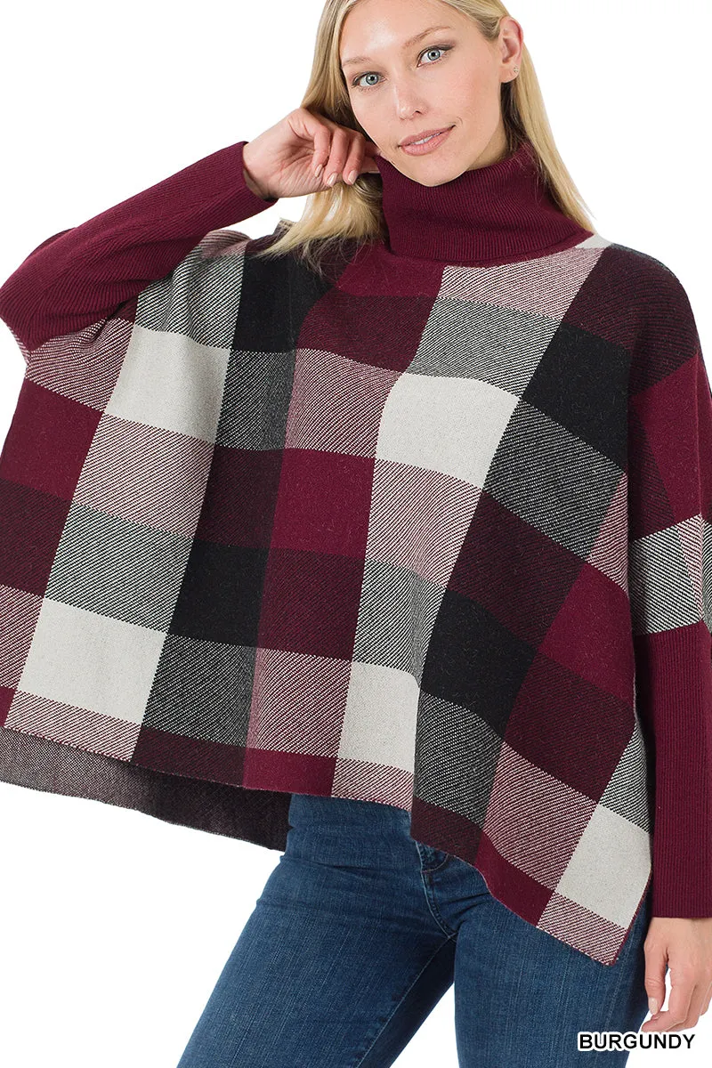 XS Plaid Poncho Sweater - Burgundy